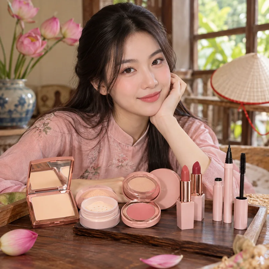 hấn trang điểm Phấn nền, phấn phủ và má hồng giúp lớp nền mịn, đều màu, lâu trôi. Kẻ mắt Bút kẻ sắc nét, mascara lâu trôi, dễ dùng cho nhiều kiểu trang điểm. [section label="Hồng S